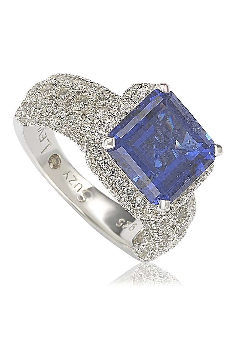 Sterling Silver Emerald-Cut Sapphire Diamond Accent Ring - 0.02 ctw, Main, color, BLUE
