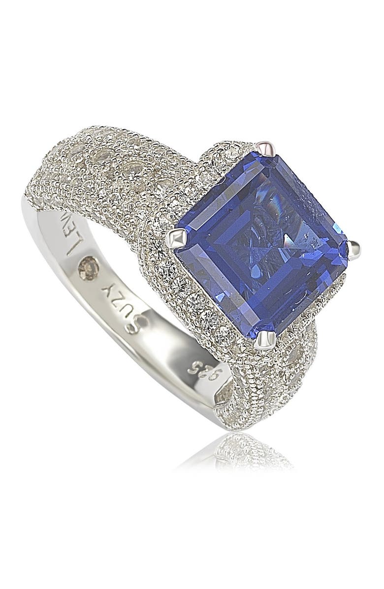 SUZY LEVIAN Sterling Silver Emerald-Cut Sapphire Diamond Accent Ring - 0.02 ctw, Main, color, Blue