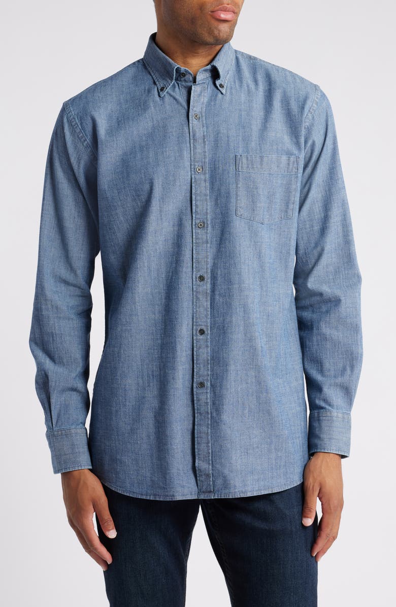 Peter Millar Tamworth Cotton Stretch Chambray Button-Down Shirt, Main, color,