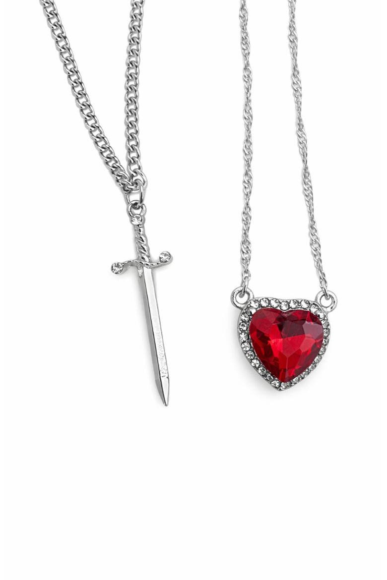 Set of 2 Heart & Dagger Crystal Pendant Necklaces, Alternate, color, RED/ SILVER