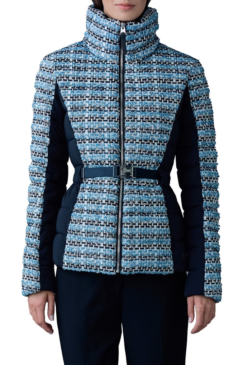 Evita Tweed & 750 Fill Power Quilted Down Short Jacket, Main, color, SKY BLUE MULTI