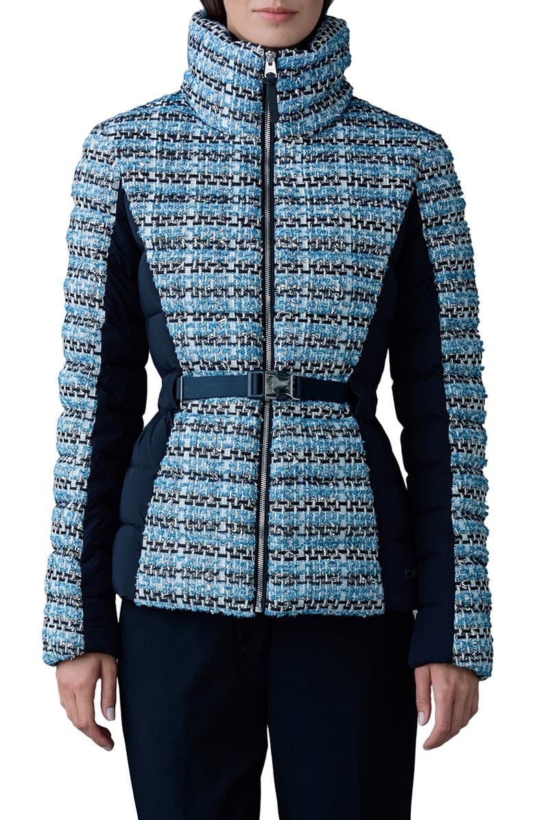 Mackage Evita Tweed & 750 Fill Power Quilted Down Short Jacket, Main, color, Sky Blue Multi