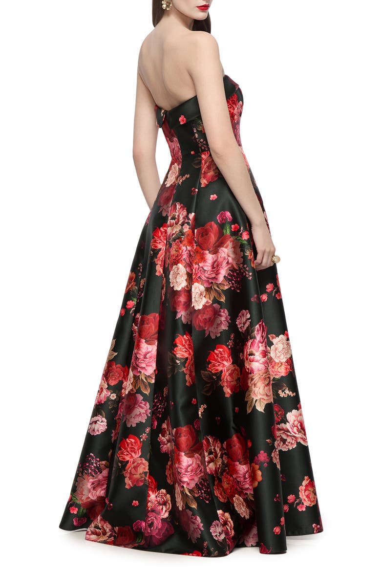 Sara Floral Strapless Satin Twill Gown, Alternate, color, WINE BLACK MULTI