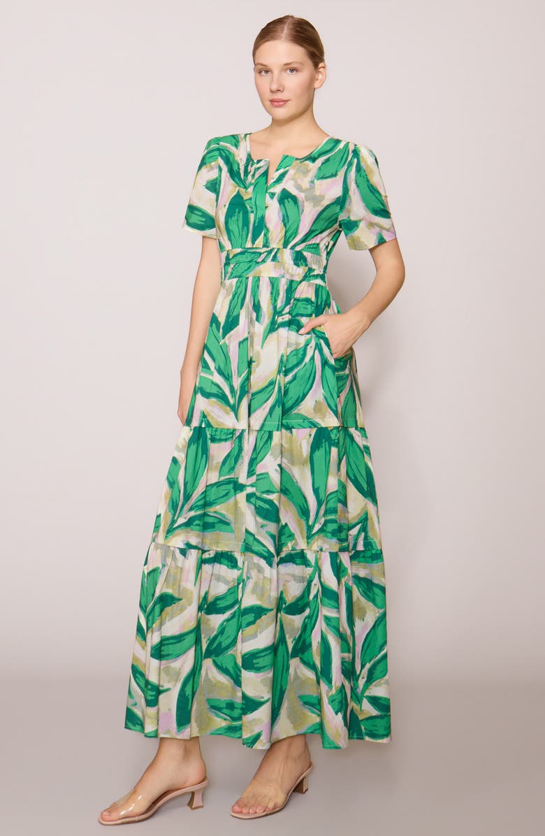 MELLODAY Short Sleeve Tiered Maxi Dress, Alternate, color, Multi Green Leaf