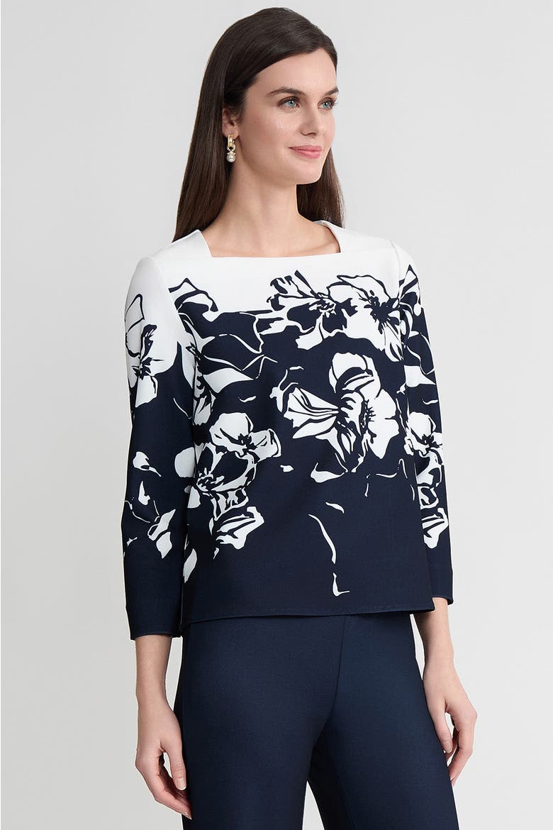 Floral Print Stretch Deco Crepe Blouse, Alternate, color, Indigo/White