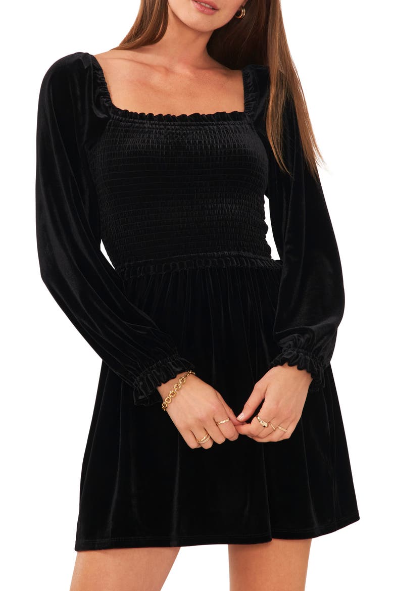 Smocked Bodice Long Sleeve Velvet Dress, Alternate, color, RICH BLACK