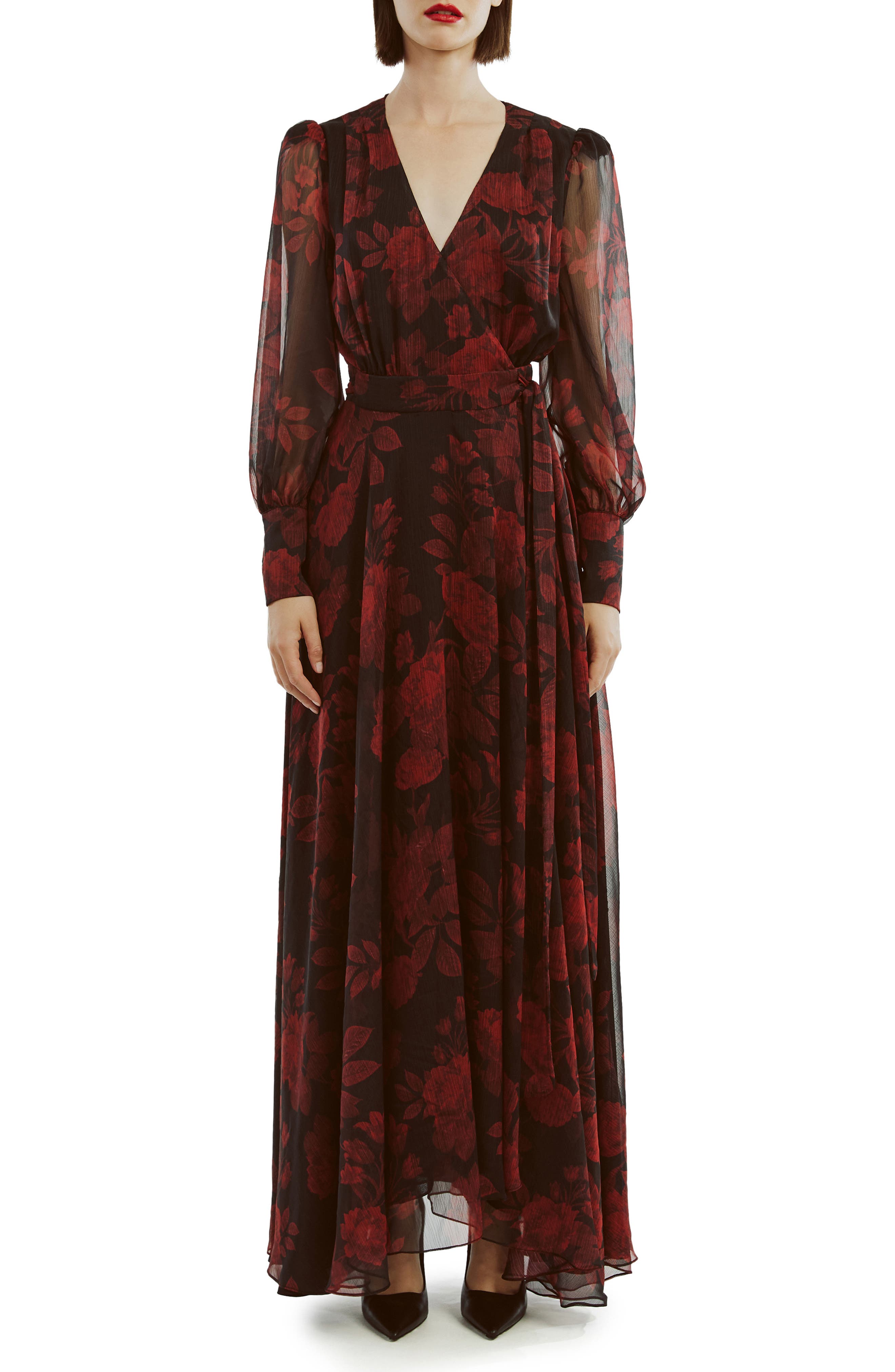 bardot lucianna maxi wrap dress Bardot Size US 2 / XS Red Black Floral Lucianna Wrap Maxi Dress Long Sleeve