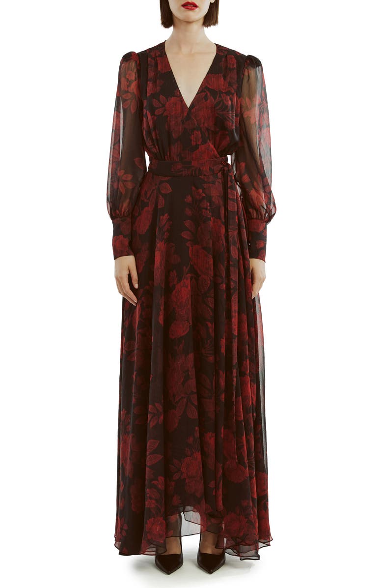 Bardot Lucianna Long Sleeve Maxi Wrap Dress, Main, color, Red Floral