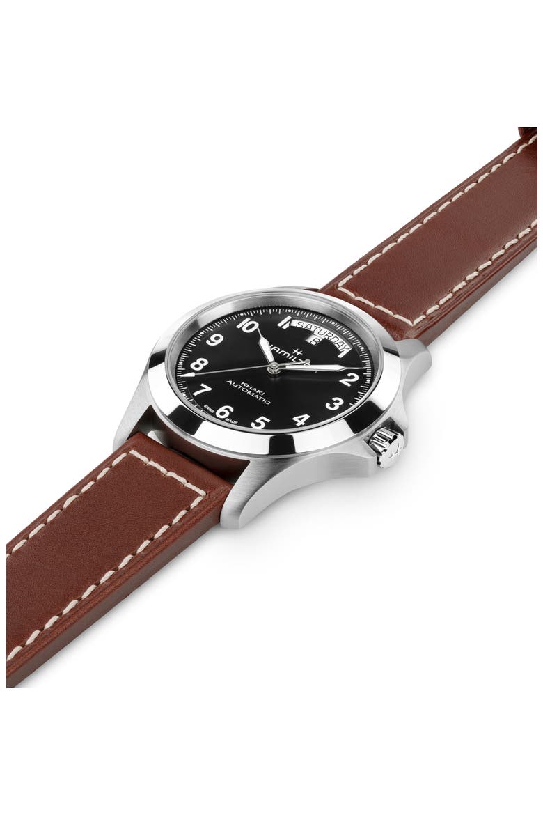 Khaki Field King Automatic Leather Strap Watch, 40mm, Alternate, color, BLACK