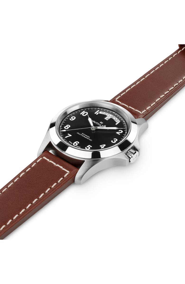 Hamilton Khaki Field Automatic Leather Strap Watch, Alternate, color, Black
