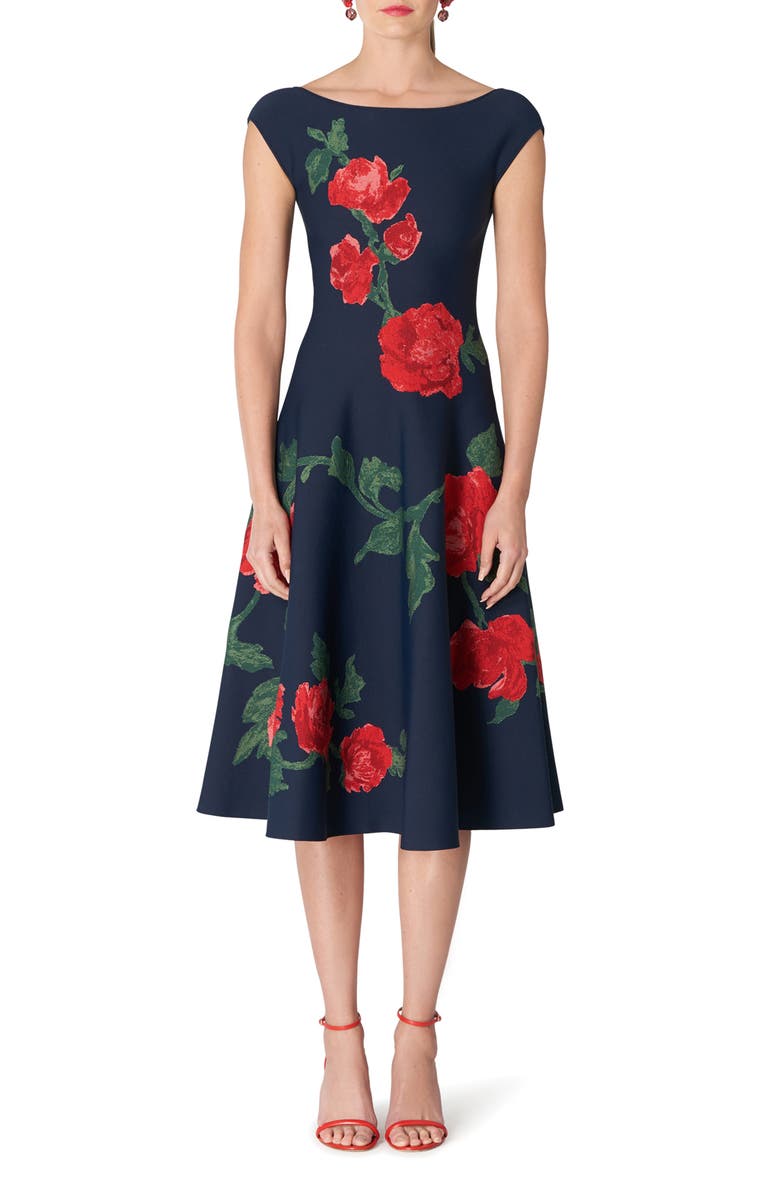 Carolina Herrera Floral Jaquard Bateau Neck Fit & Flare Dress, Main, color, 