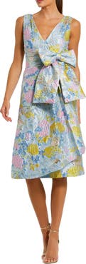 Mac Duggal Floral Brocade Sleeveless Statement Bow Midi Dress