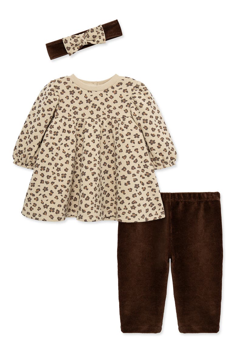 Kids' 3-Piece Leopard Sweatshirt Dress, Leggings & Headband Set, Main, color, TAN