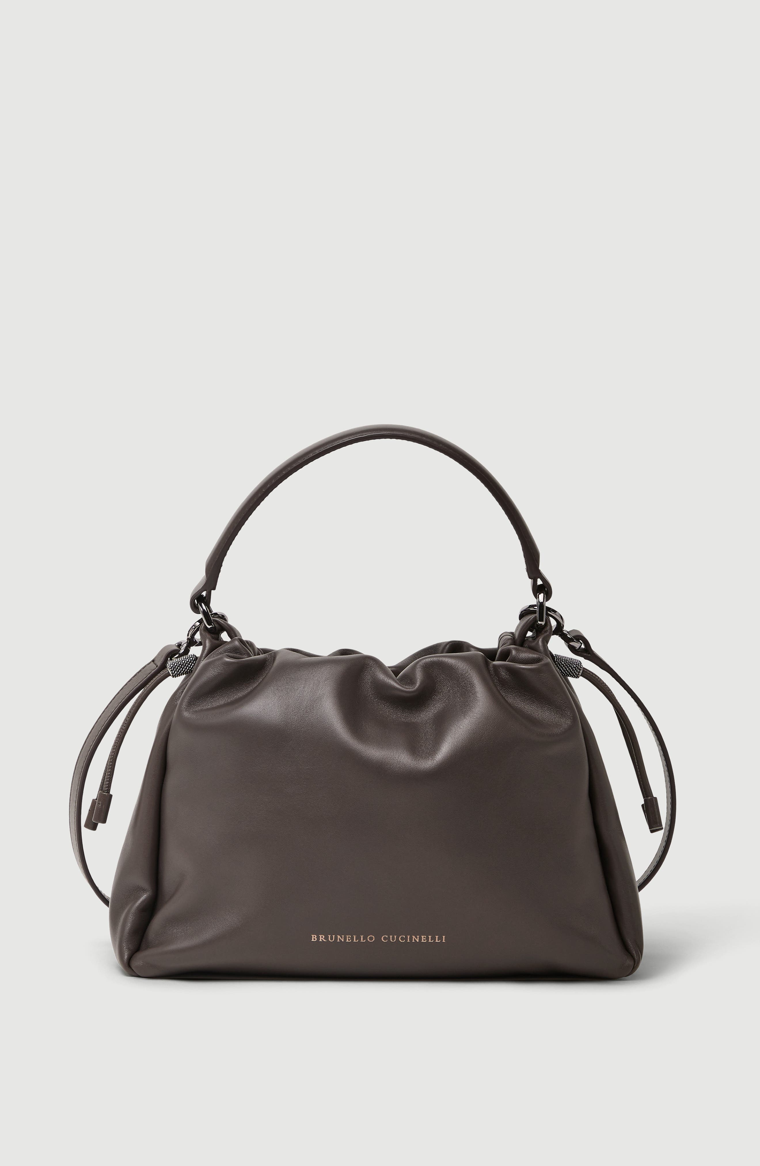 Mellow small bucket bag in soft leather with monili, Main, color, Rust Brown
