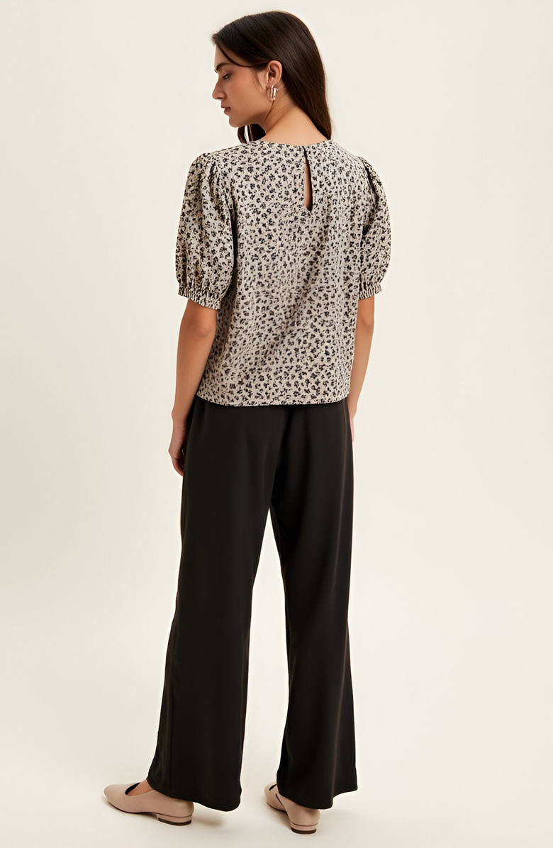 Modenaire Floral Puff-Sleeve Crewneck Velvet Bow-Accented Blouse, Alternate, color,