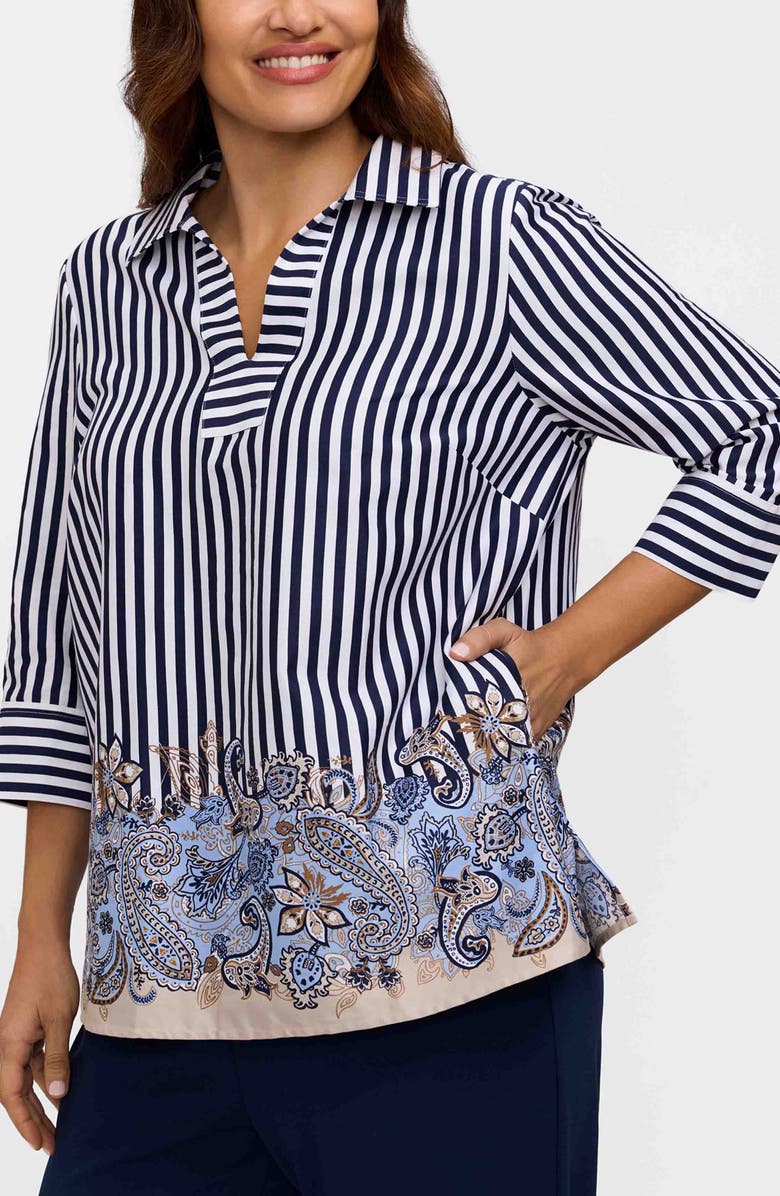 Foxcroft Julia Stripe Cotton Popover Top, Alternate, color, Blue Multi