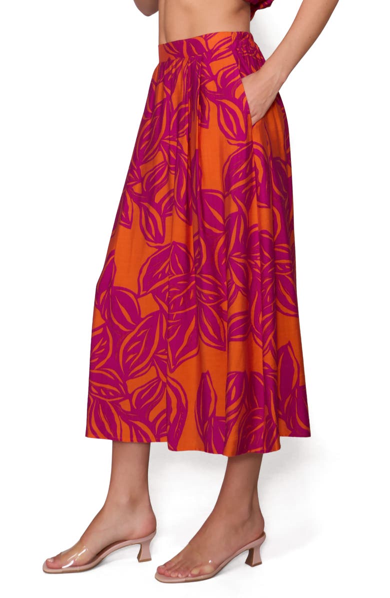 MELLODAY Floral Print Midi Skirt, Alternate, color, Orange / Magenta
