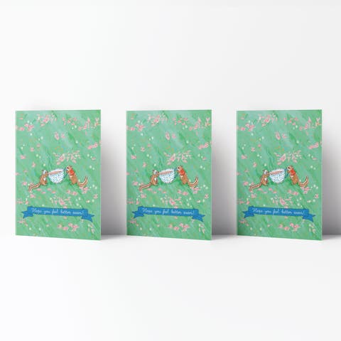 Feel Better Chipmunks Tea Get Well Sympathy Greeting Card Pack Sets (3 ct)
