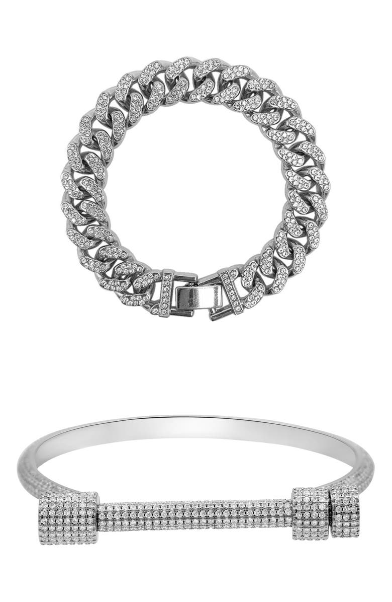 Adornia Set of 2 Chunky Crystal & Curb Chain Bracelets, Main, color, Silver