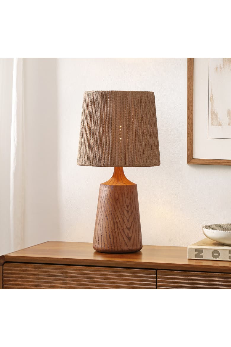 Highland Cottage Tapered Resin/Metal LED Table Lamp with Paper Rope Shade, Alternate, color, Brown Wood Finish