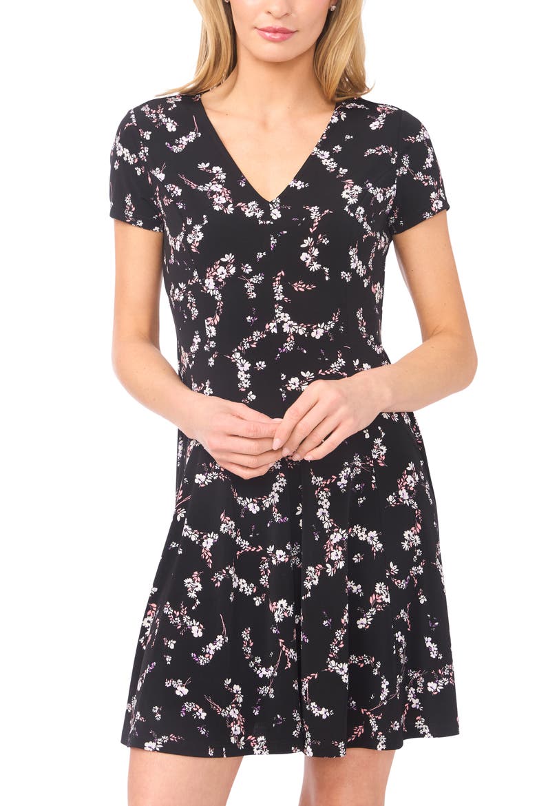 Floral Print A-Line Minidress, Alternate, color, RICH BLACK