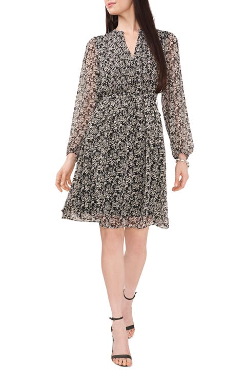 Floral Pintuck Long Sleeve Tie Waist Shirtdress