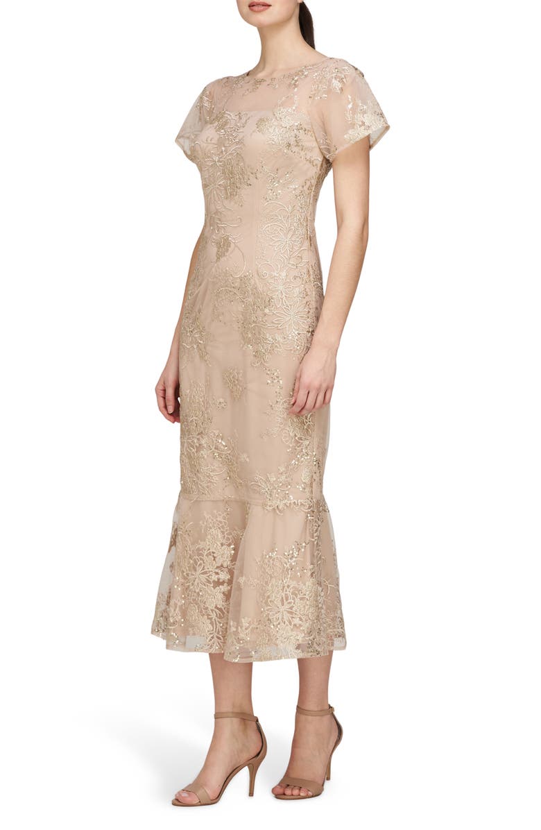 JS Collections Lia Sequin & Embroidery Trumpet Dress, Main, color, Gold/ Beige