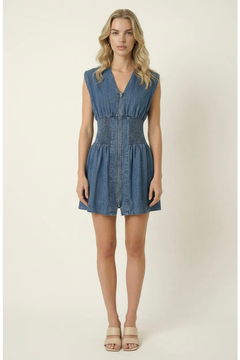 Denim Cap Sleeve Smocked Mini Dress, Main, color, Medium Wash Blue