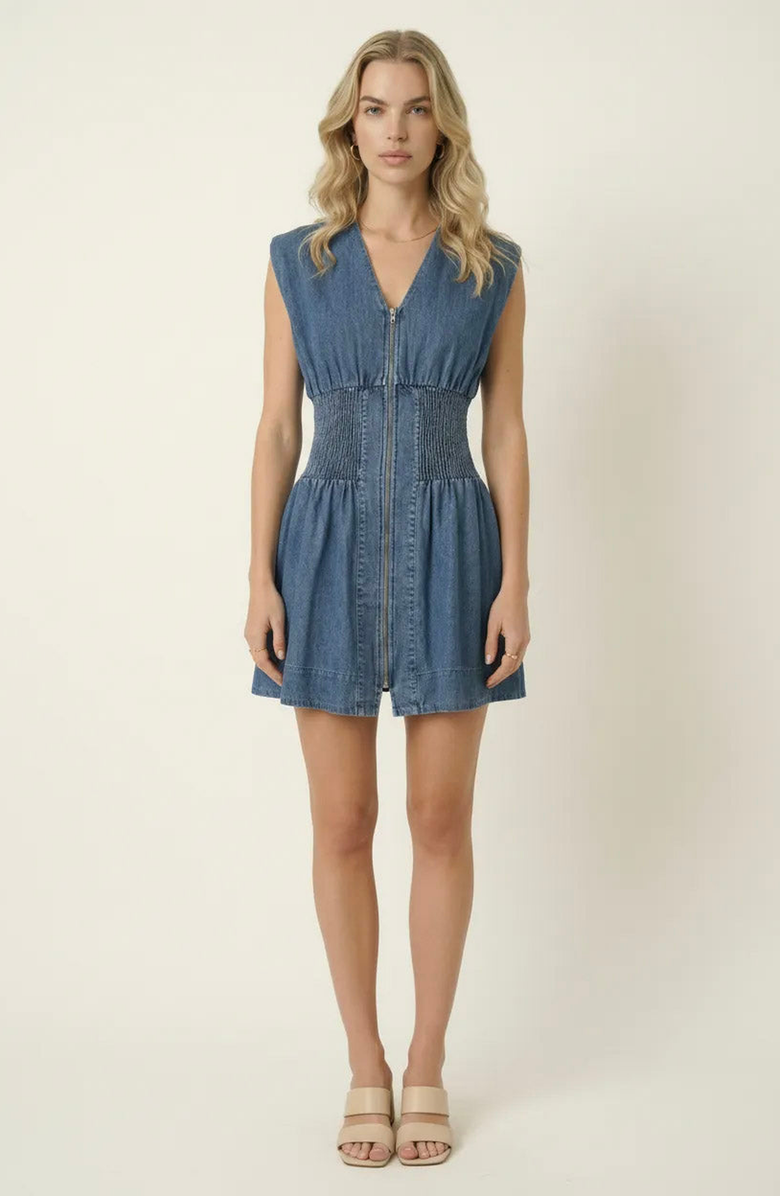 Modenaire Denim Cap Sleeve Smocked Mini Dress, Main, color, Medium Wash Blue