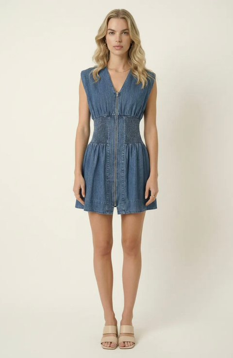 Denim Cap Sleeve Smocked Mini Dress