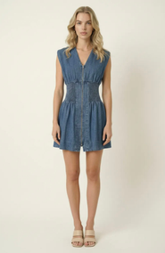 Modenaire Denim Cap Sleeve Smocked Mini Dress