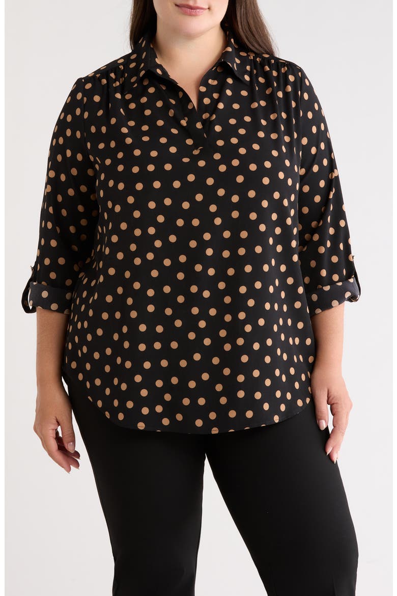Polka Dot Roll Tab Sleeve Top, Main, color, ANNE BLACK/VICUNA