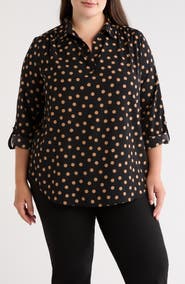 AK ANNE KLEIN Polka Dot Roll Tab Sleeve Top
