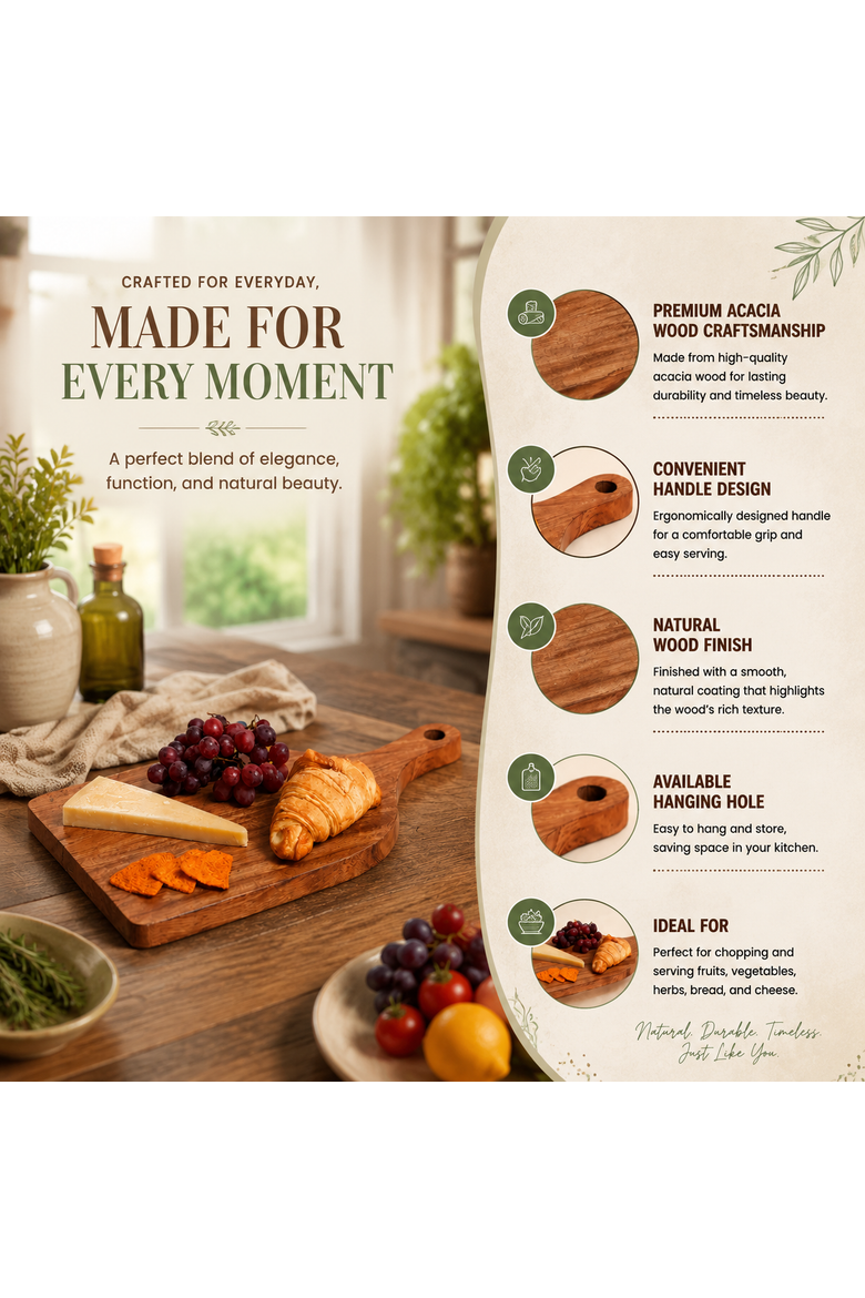 Acacia Wood Cutting Board with Handle Wooden Chopping Board, Alternate, color, Natural Wood