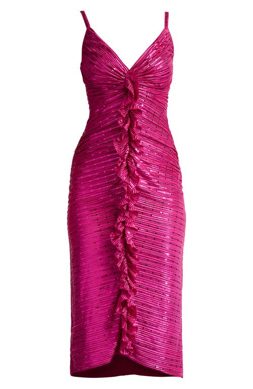 Sho By Tadashi Shoji Ruched Ruffle Metallic Midi Dress In Wild Pink