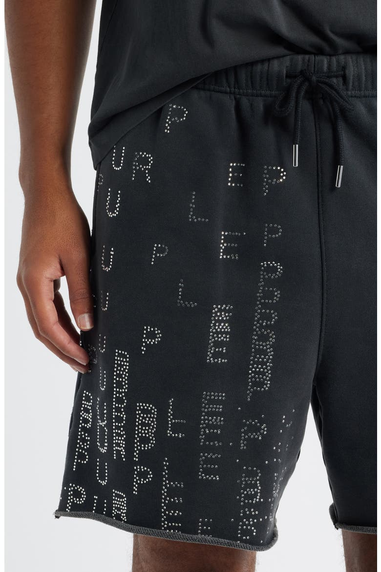 Embellished Logo Raw Hem Fleece Drawstring Shorts, Alternate, color, BLACK
