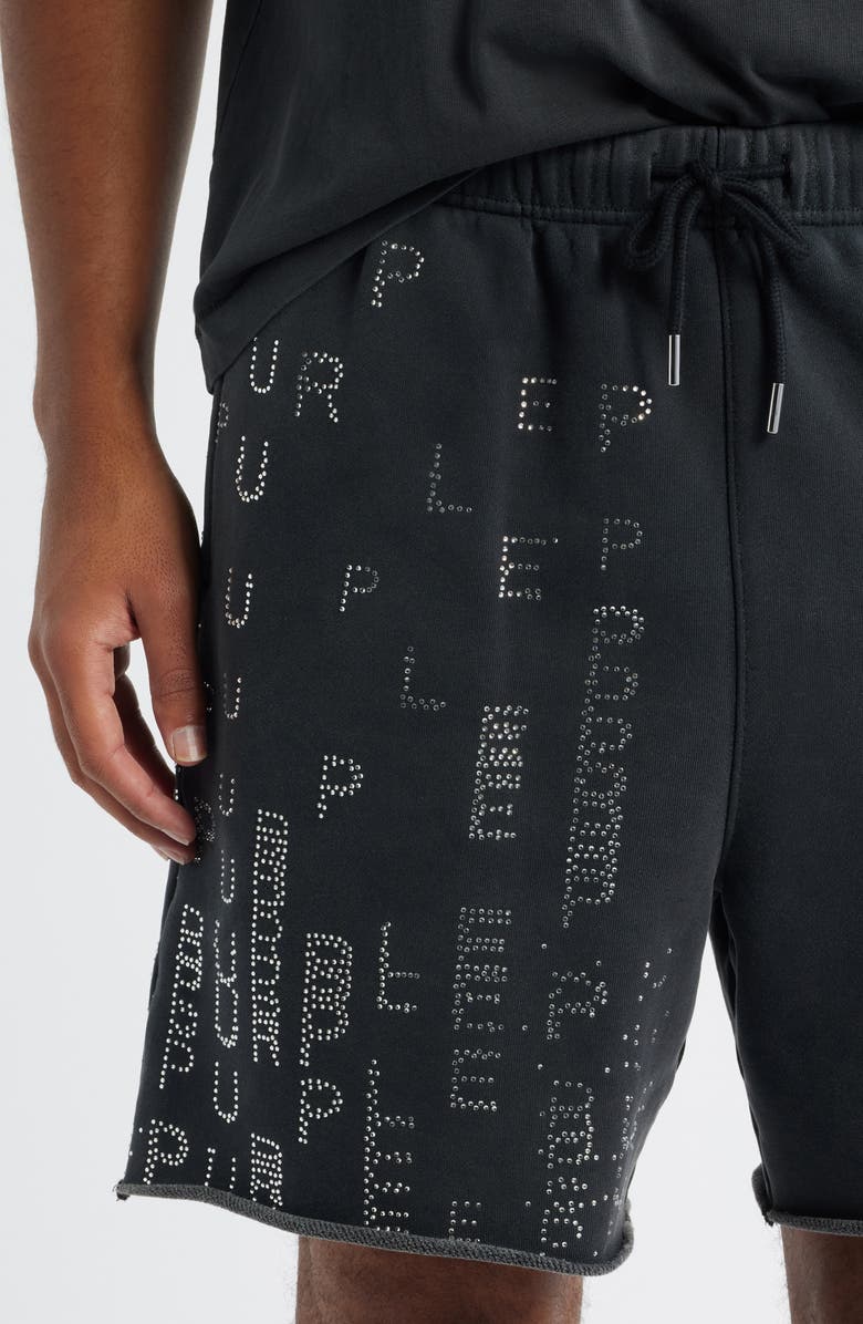 PURPLE BRAND Embellished Logo Raw Hem Fleece Drawstring Shorts, Alternate, color, Black