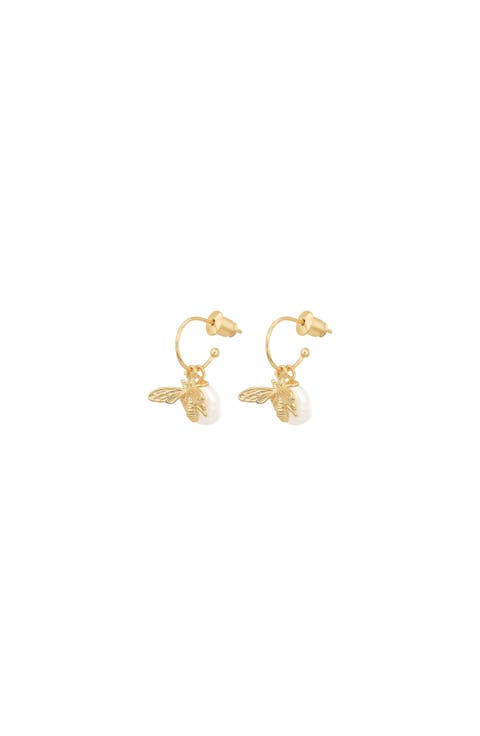 Sterling Silver 18k Gold Plated Bee Cultured Pearl Earrings