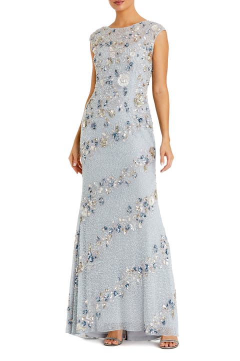 Floral Embellished Cap Sleeve Column Evening Gown