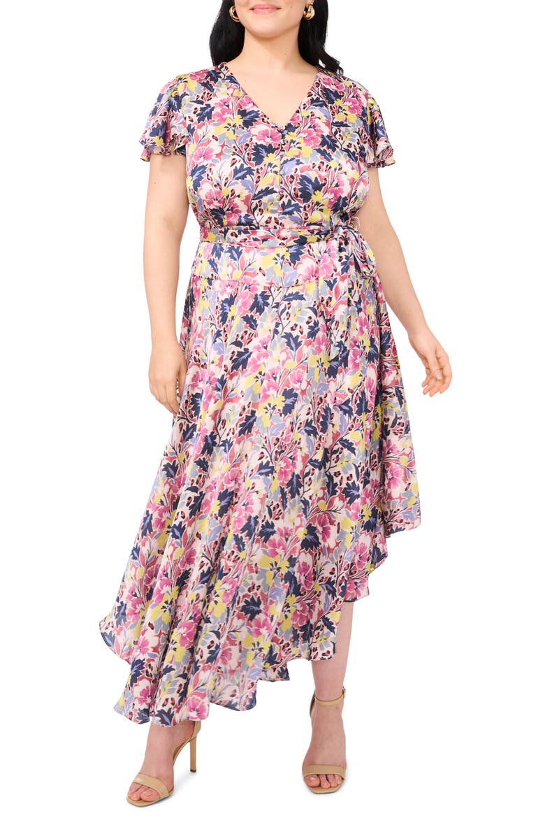Floral Flutter Sleeve Asymmetric Midi Dress, Main, color, VIOLET BLUSH