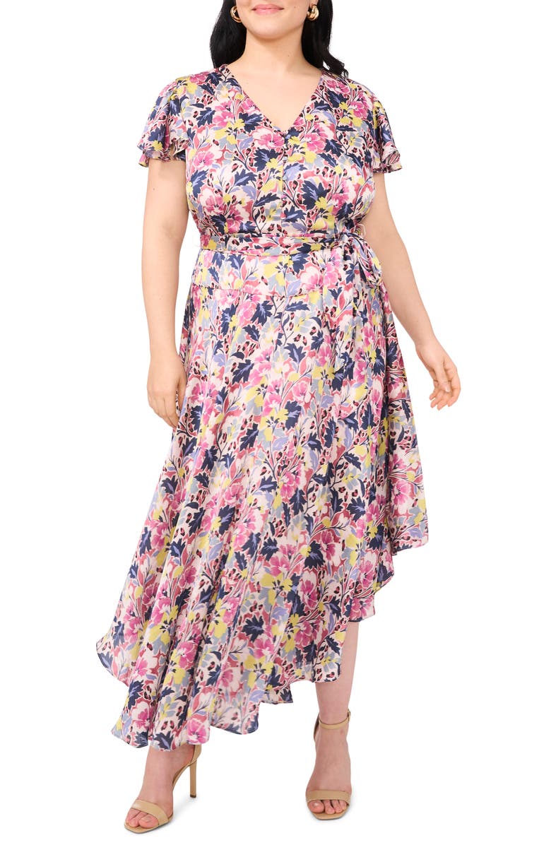 Floral Flutter Sleeve Asymmetric Midi Dress