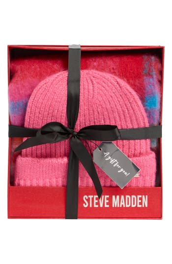 Steve Madden Plaid Scarf & Ribbed Beanie Gift Set