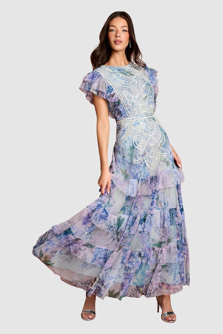 Embroidered Ruffle Floral Maxi Dress, Main, color, Blue