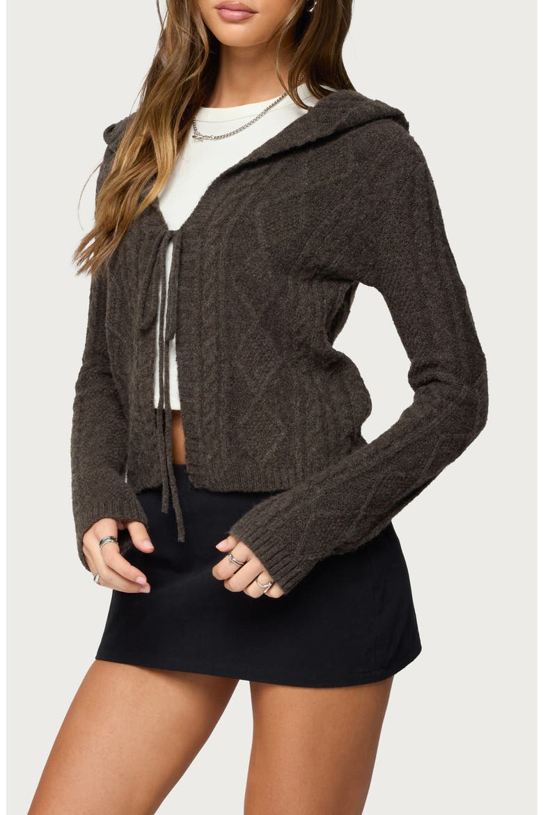 Jayla Cable Knit Hooded Cardigan, Alternate, color, BROWN