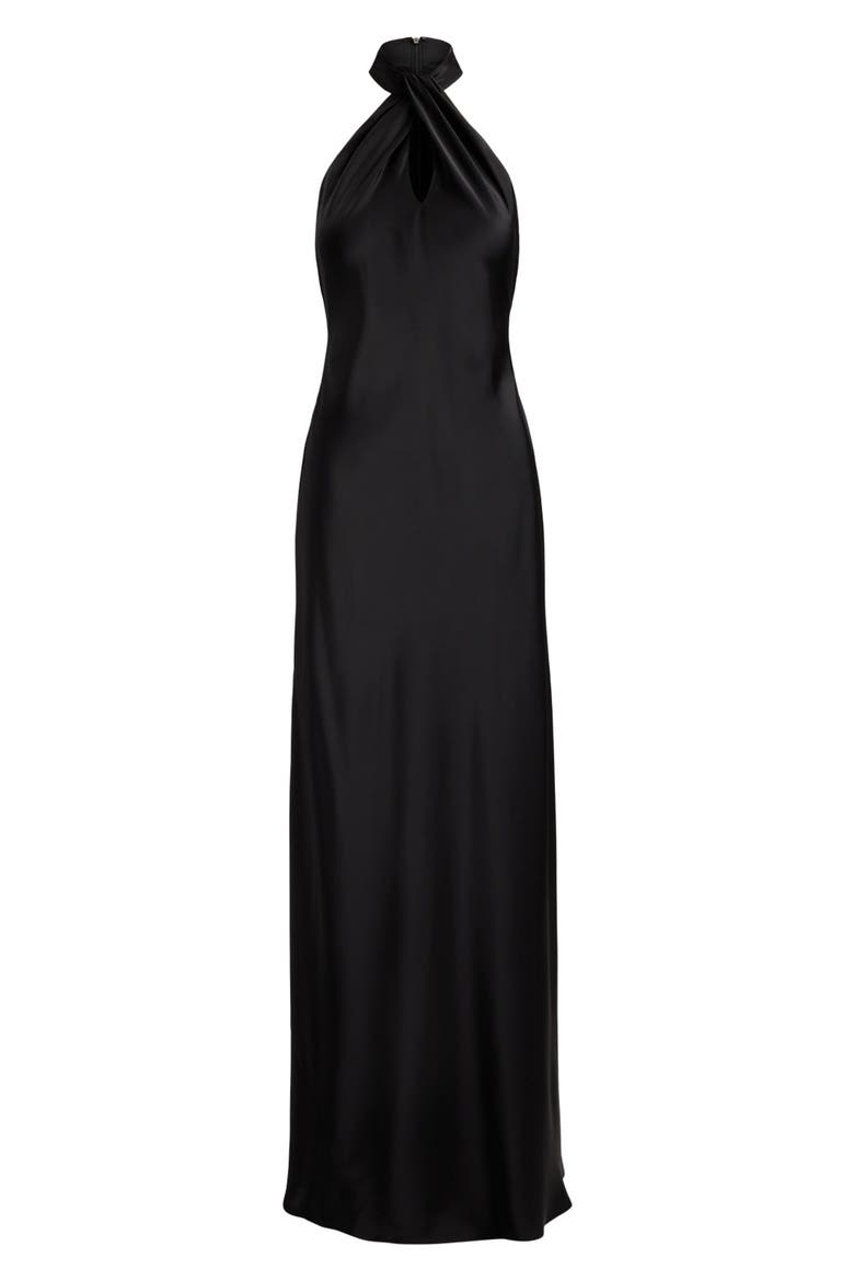 Satin Keyhole Halter Neck Gown, Alternate, color, BLACK