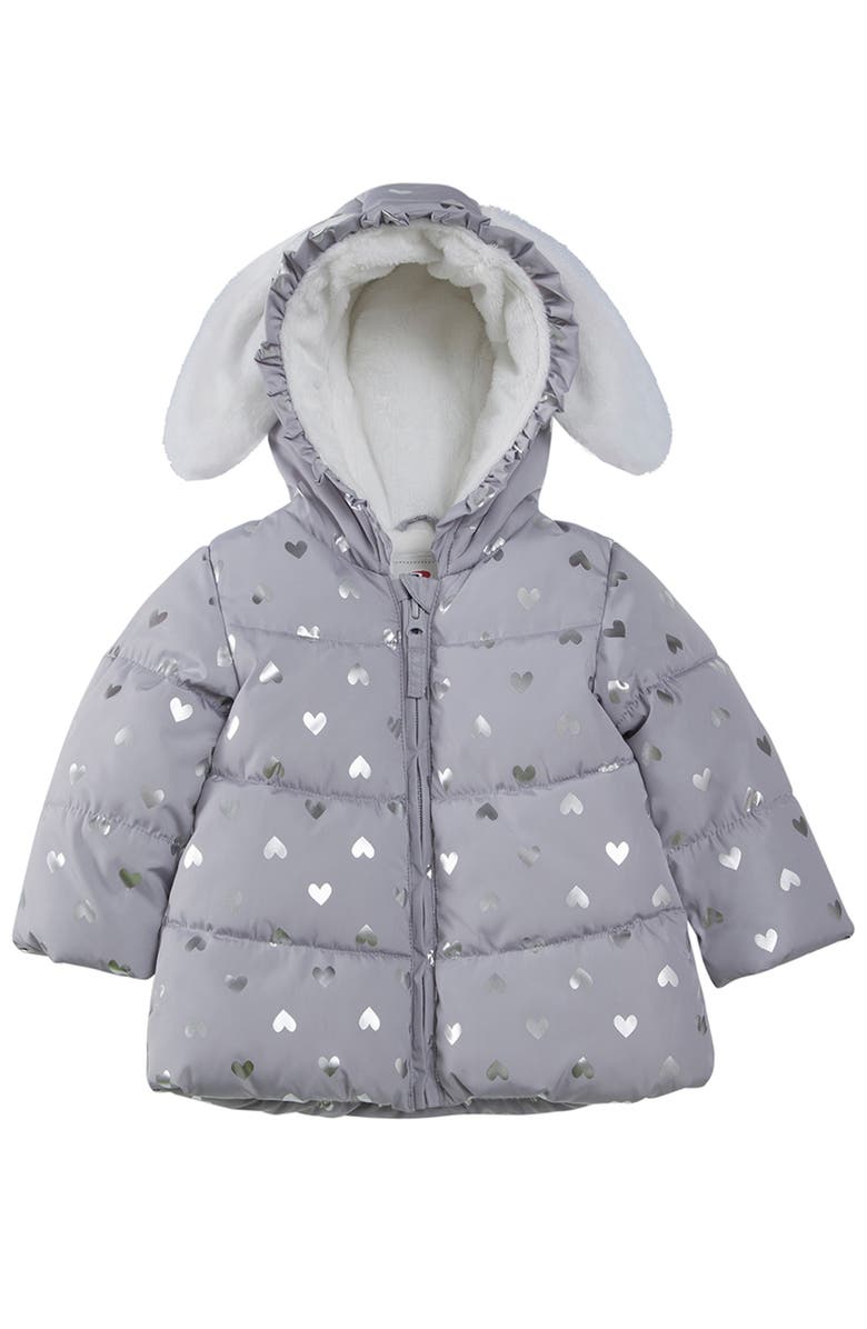 Rokka&Rolla Soft Fleece Lined Bunny Puffer Jacket, Main, color, Gray/ Heart Foil Print