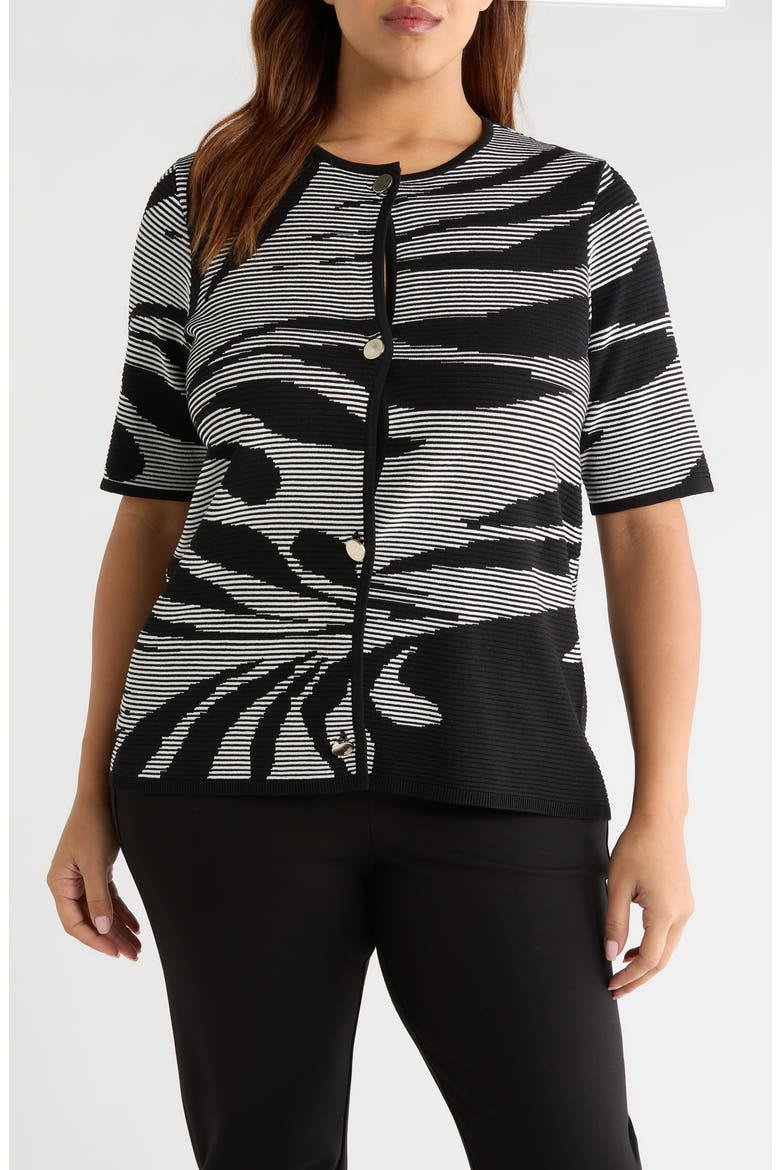 Short Sleeve Button Front Cardigan, Main, color, ANNE BLACK/ WHITE DOVE