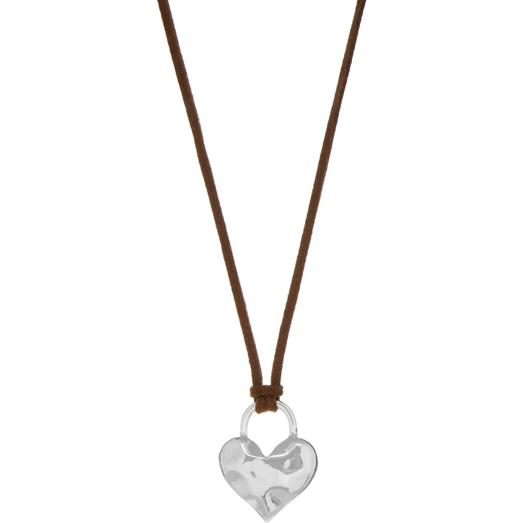 MARLYN SCHIFF Adjustable Heart Charm Suede Pendant Necklace in Silver Brown  product