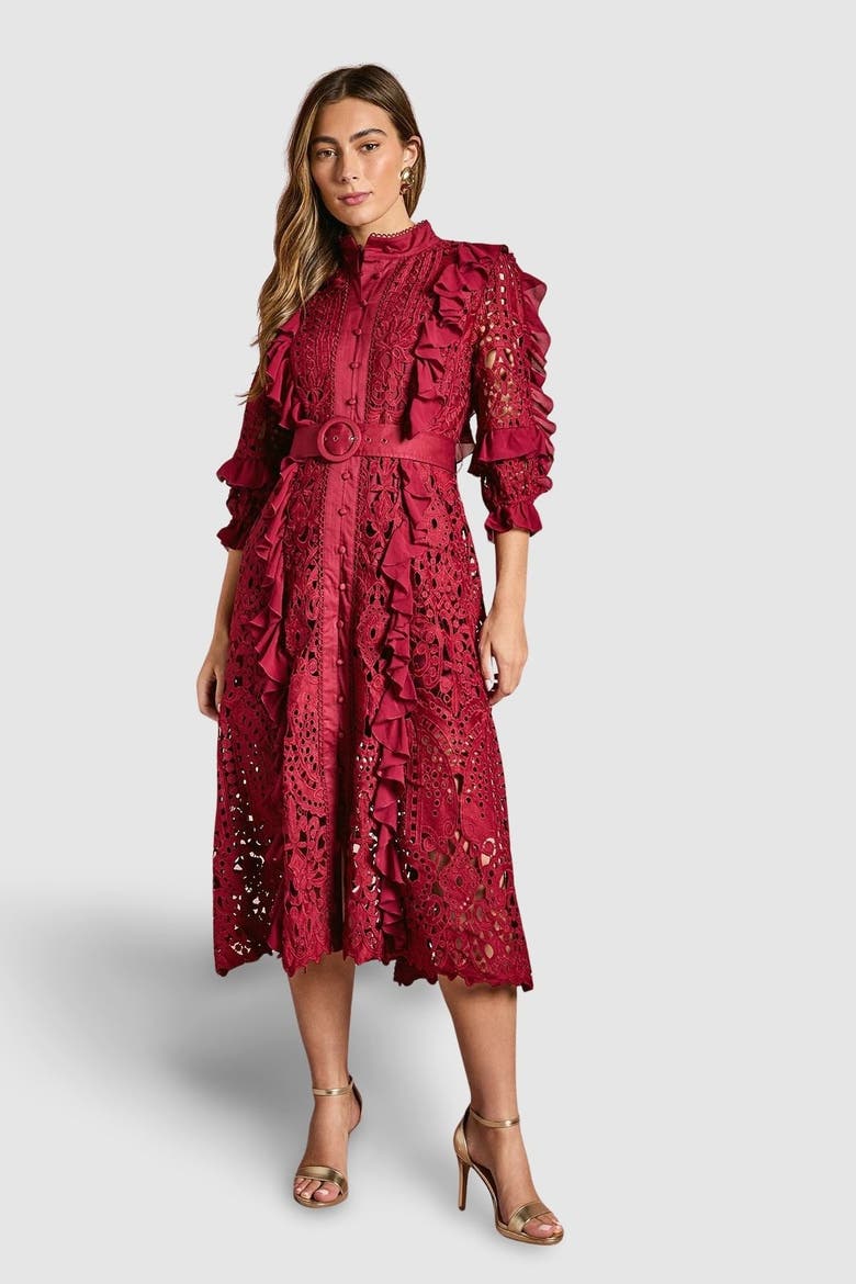 Lace Ruffle Shirt Dress, Main, color, Burgundy