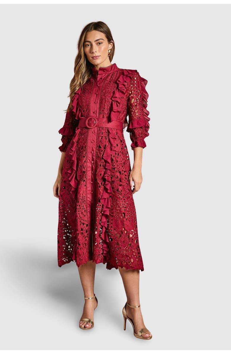 Coast Lace Ruffle Shirt Dress, Main, color, Burgundy